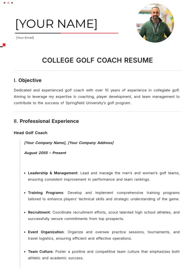 Free College Golf Coach ATS Resume Template, AI Resume Builder