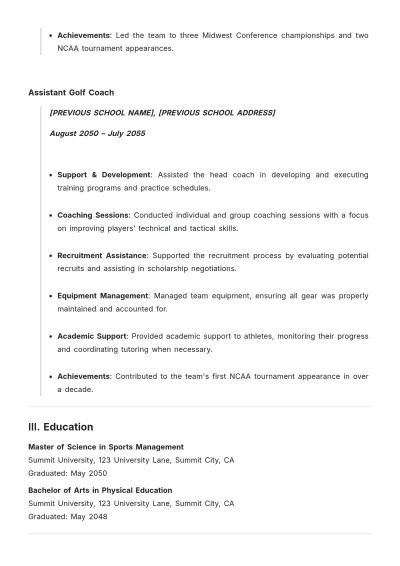 Free College Golf Coach ATS Resume Template, AI Resume Builder