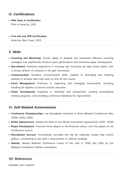 Free College Golf Coach ATS Resume Template, AI Resume Builder