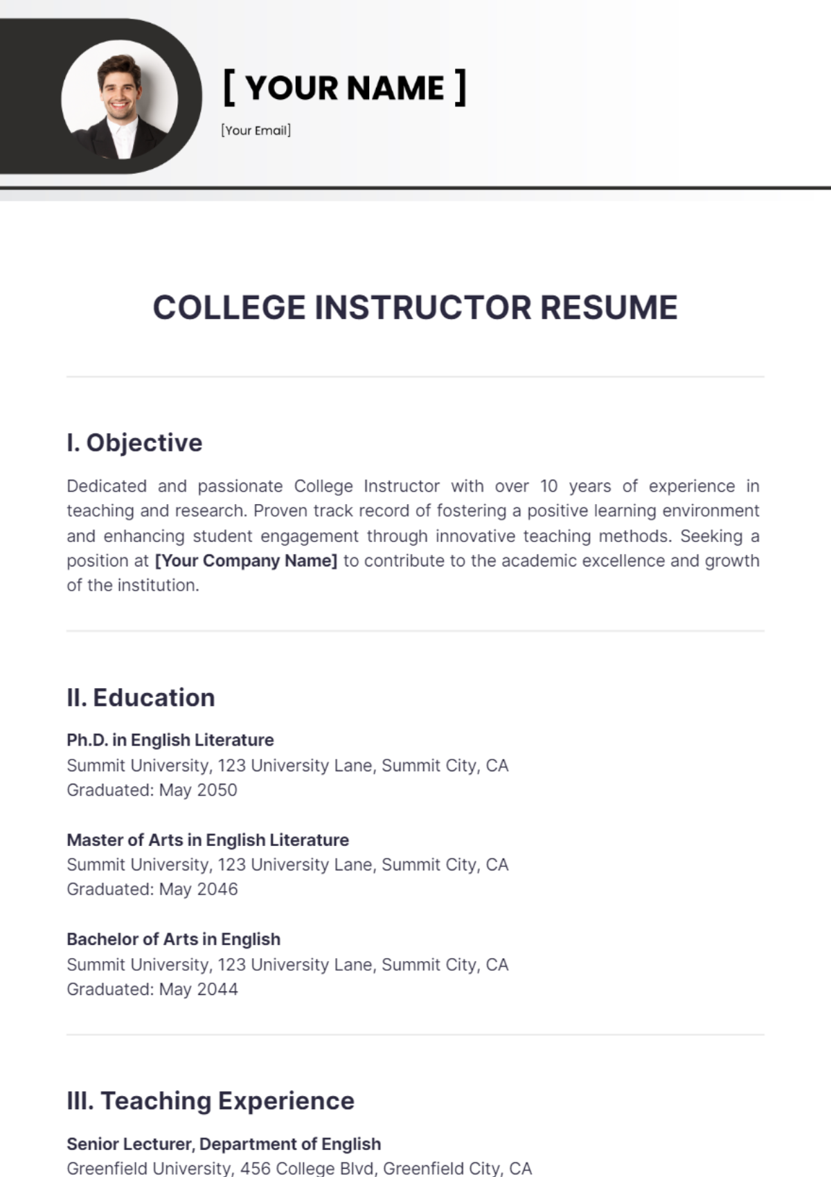 College Instructor Resume - Edit Online & Download