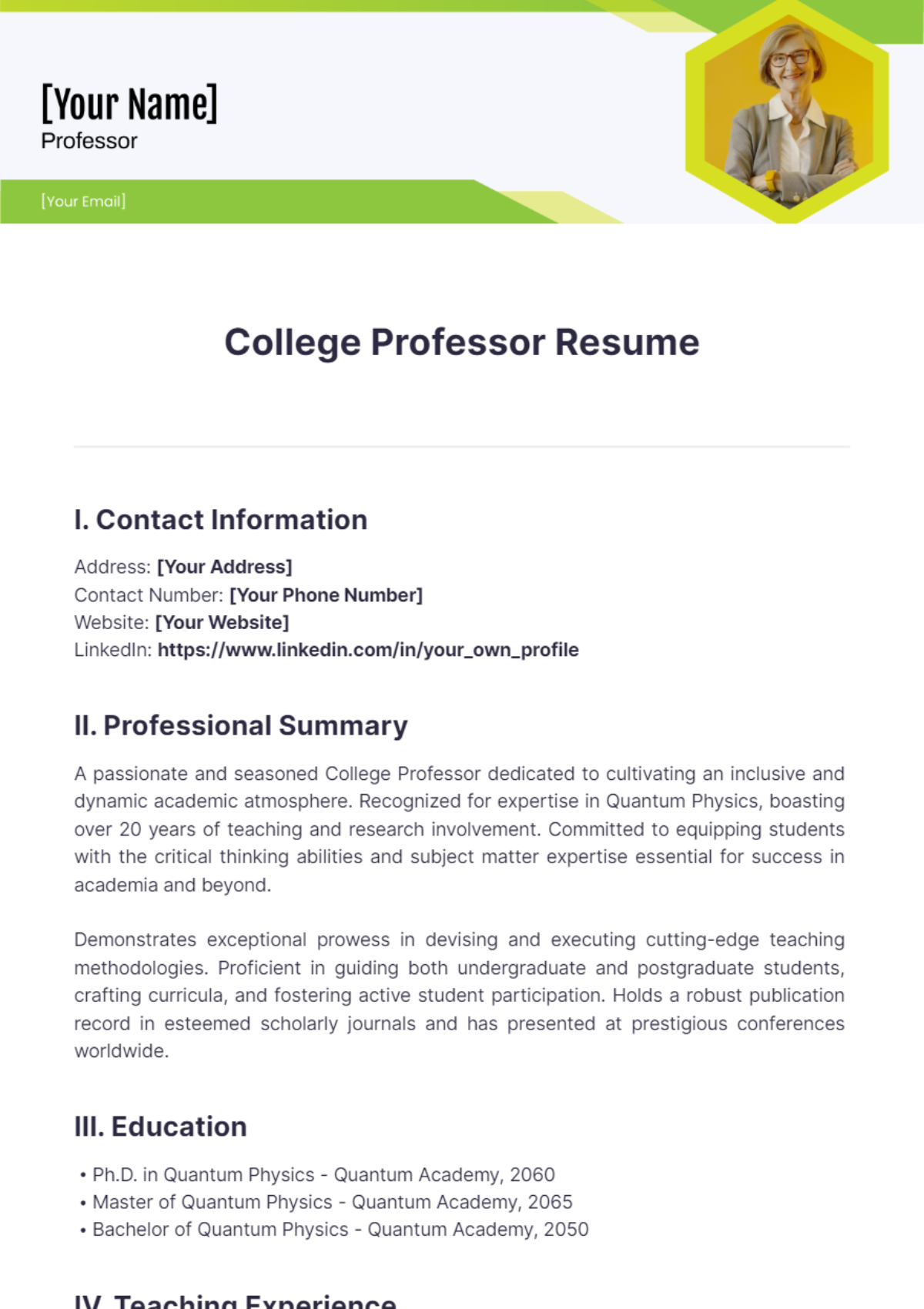 College Professor Resume - Edit Online & Download