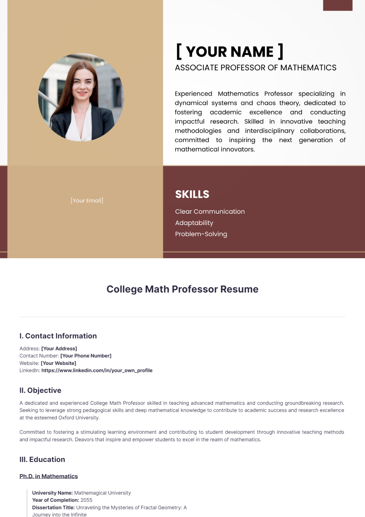 College Math Professor Resume - Edit Online & Download