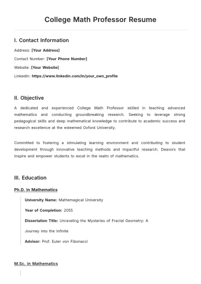 Free College Math Professor ATS Resume Template, AI Resume Builder