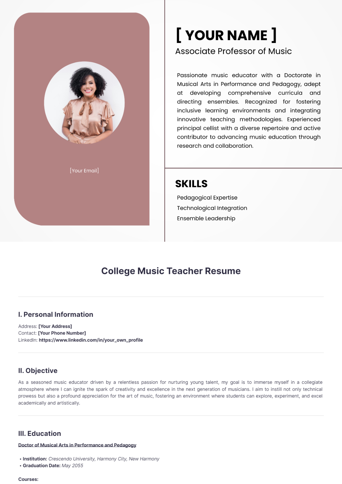 College Music Teacher Resume - Edit Online & Download