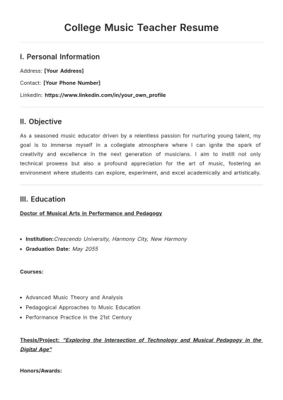Free College Music Teacher ATS Resume Template, AI Resume Builder