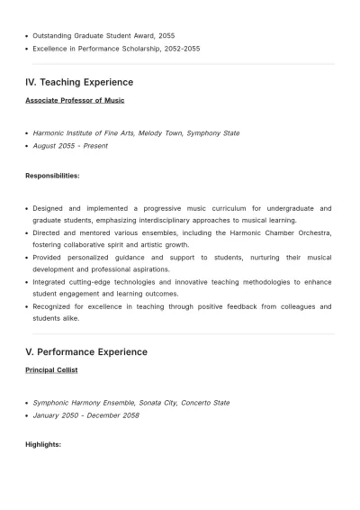 Free College Music Teacher ATS Resume Template, AI Resume Builder