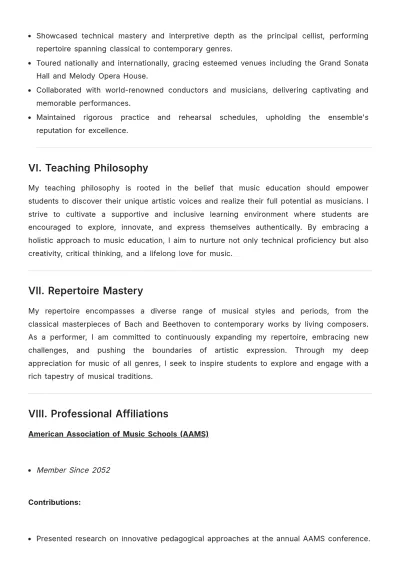Free College Music Teacher ATS Resume Template, AI Resume Builder