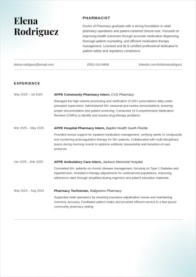 Free Pharmacist Fresher ATS Resume Template, AI Resume Builder