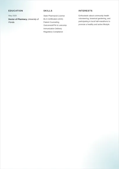 Free Pharmacist Fresher ATS Resume Template, AI Resume Builder