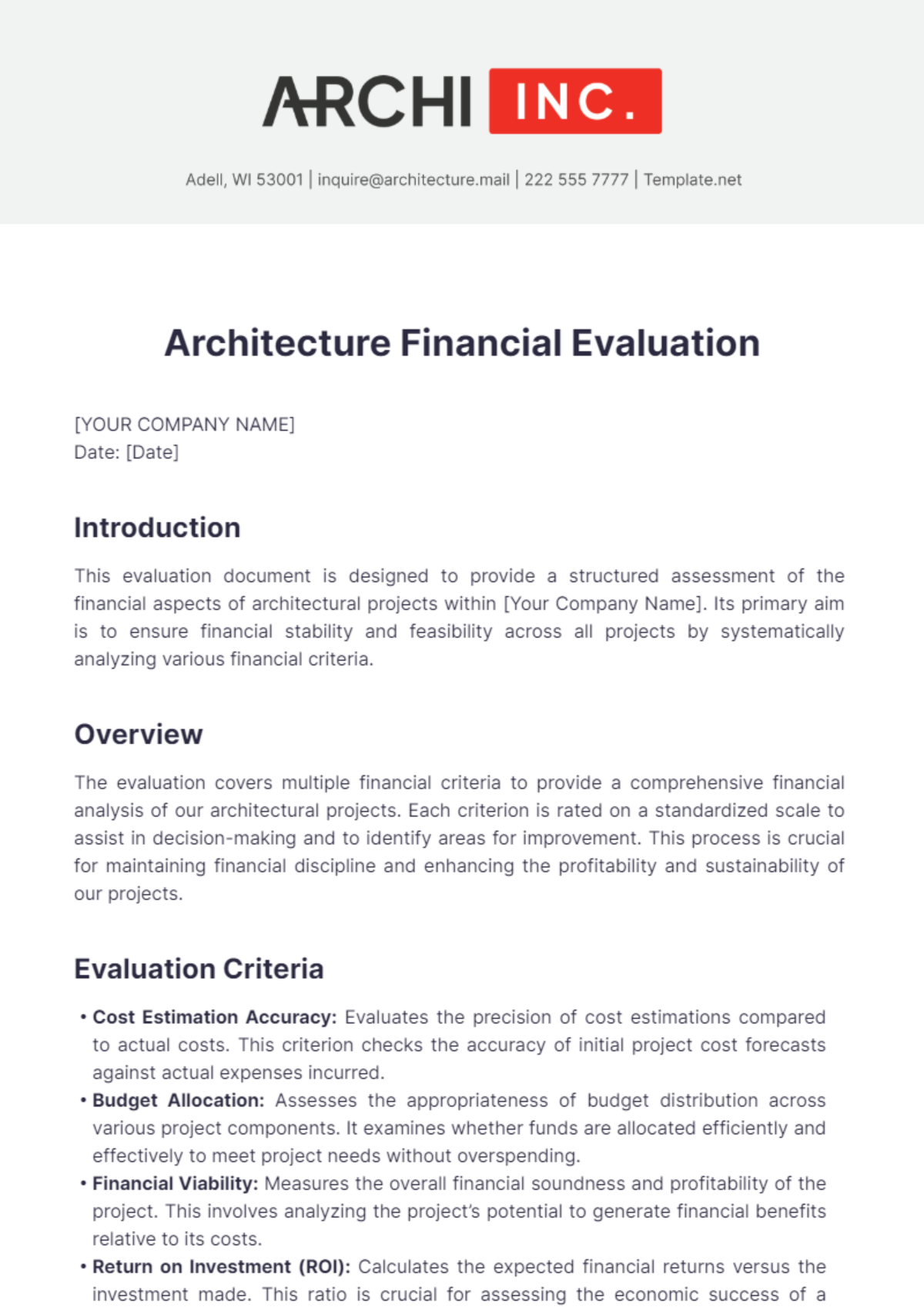 Architecture Financial Evaluation Template - Edit Online & Download