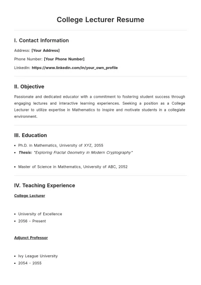 Free College Lecturer ATS Resume Template, AI Resume Builder