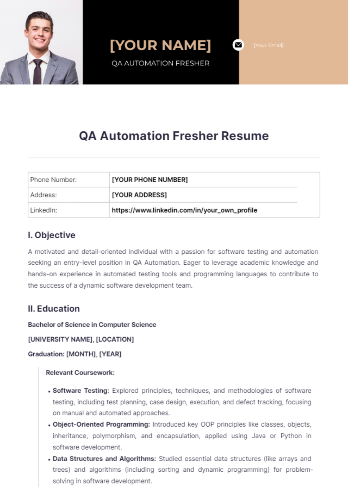 QA Automation Fresher Resume