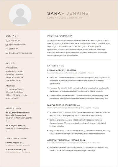 Free College Librarian ATS Resume Template, AI Resume Builder