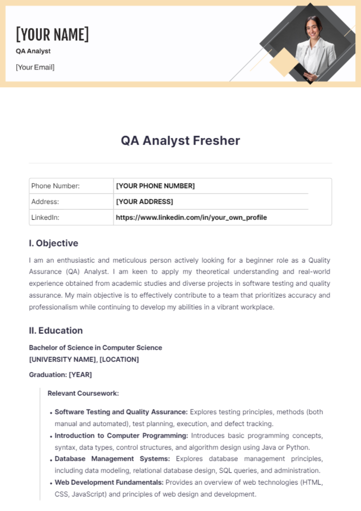 QA Analyst Fresher Resume