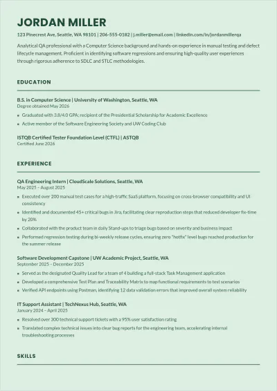 Free QA Analyst Fresher ATS Resume Template, AI Resume Builder