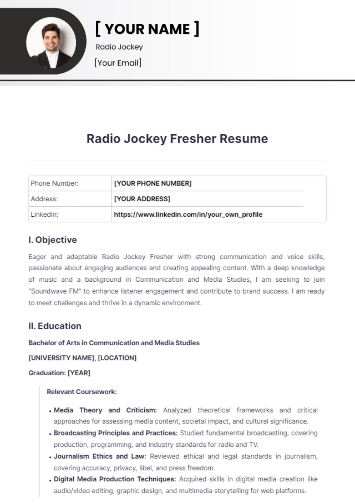 Radio Jockey Fresher Resume