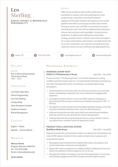 Free Radio Jockey Fresher ATS Resume Template, AI Resume Builder