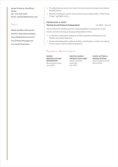 Free Radio Jockey Fresher ATS Resume Template, AI Resume Builder