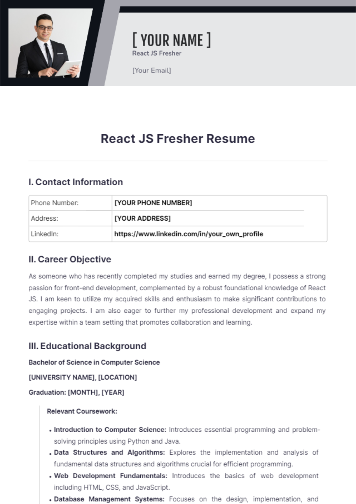 React JS Fresher Resume