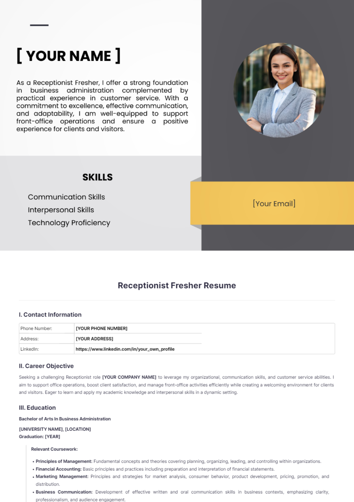 Receptionist Fresher Resume