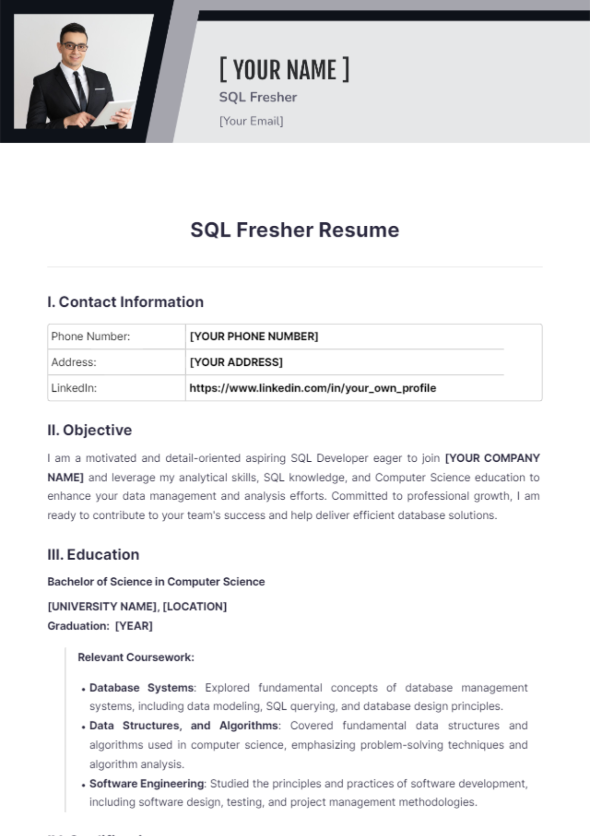 Free B.Com Fresher Resume Template to Edit Online