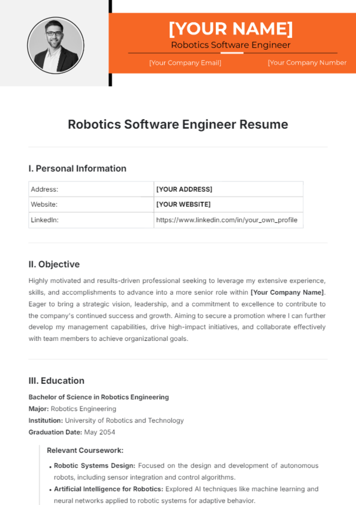 Robotics Software Engineer Resume Template - Edit Online & Download