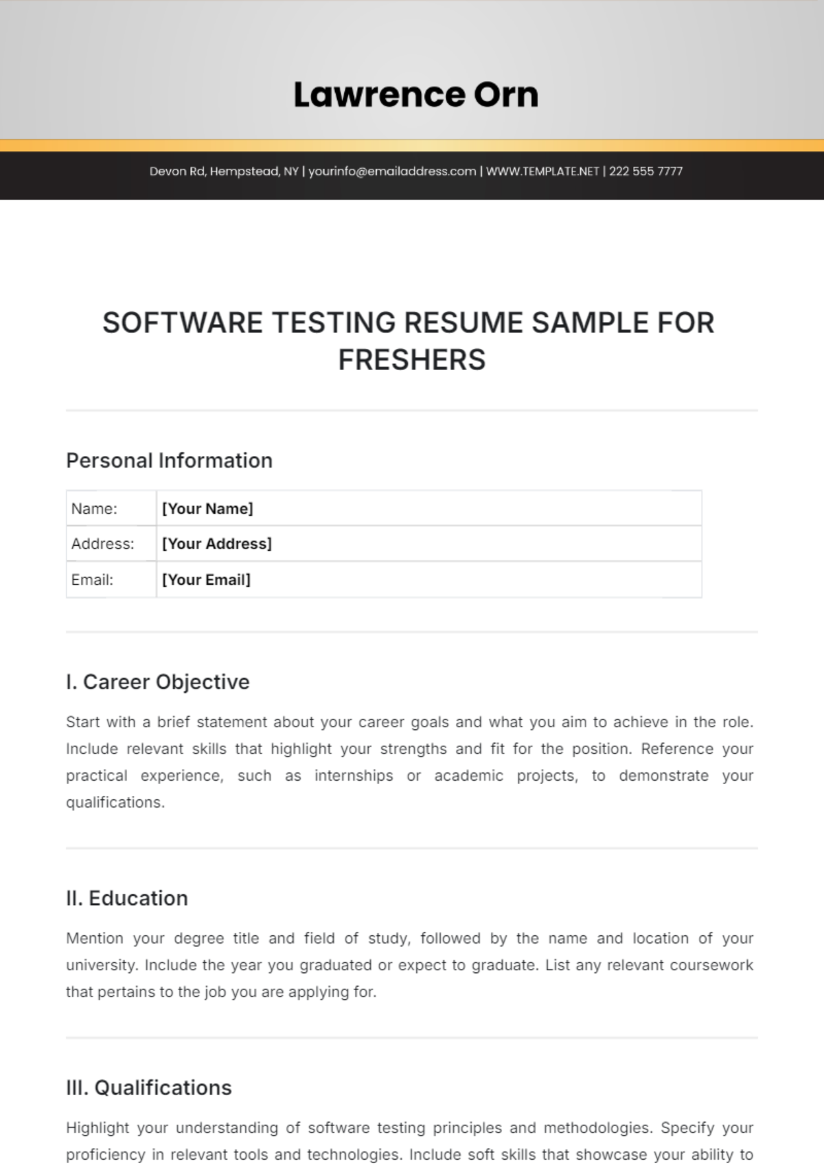 Free B.Com Fresher Resume Template to Edit Online