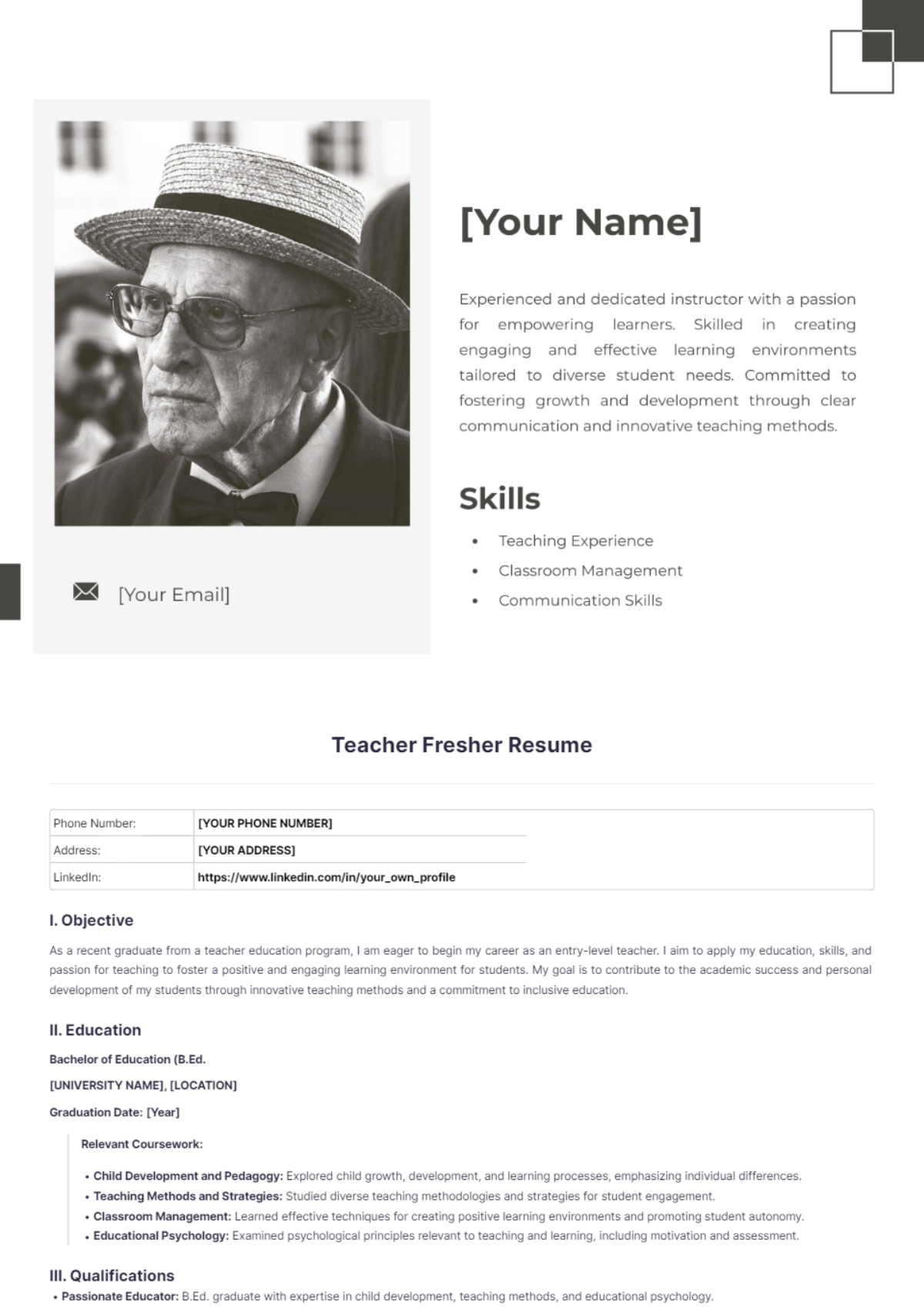 Teacher Fresher Resume