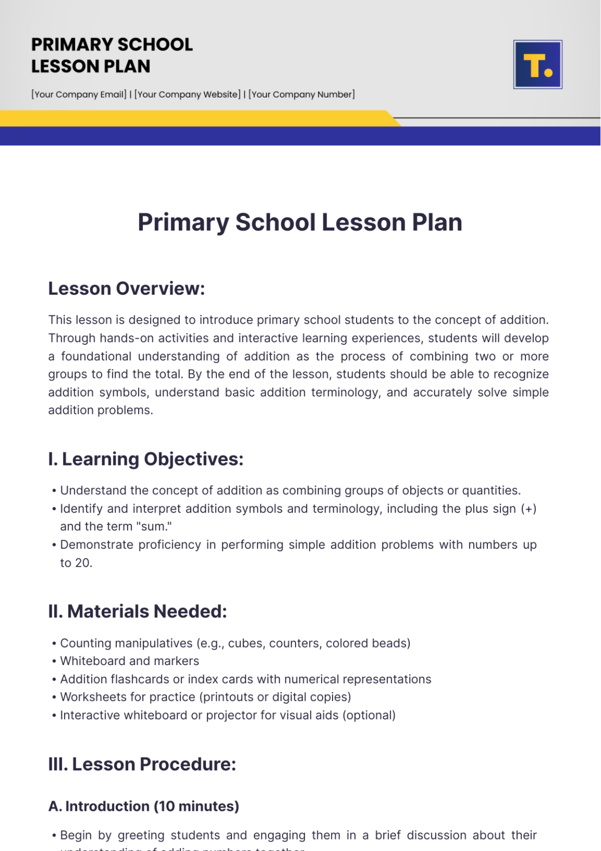 Free Primary School Lesson Plan Template to Edit Online