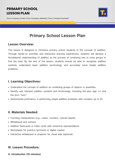 Free Primary School Lesson Plan Template to Edit Online