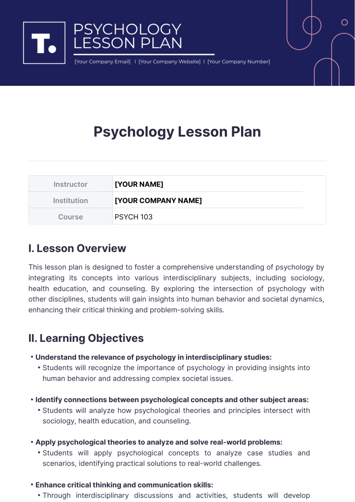 Psychology Lesson Plan Template - Edit Online & Download