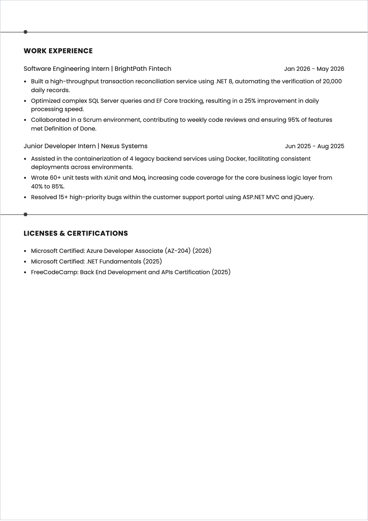 Free .Net Developer Fresher ATS Resume Template, AI Resume Builder