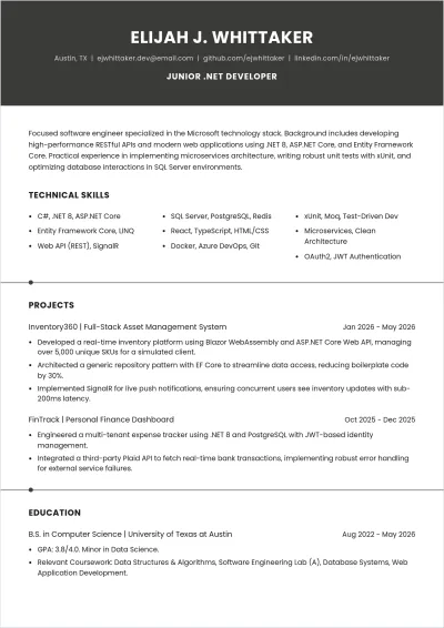 Free .Net Developer Fresher ATS Resume Template, AI Resume Builder