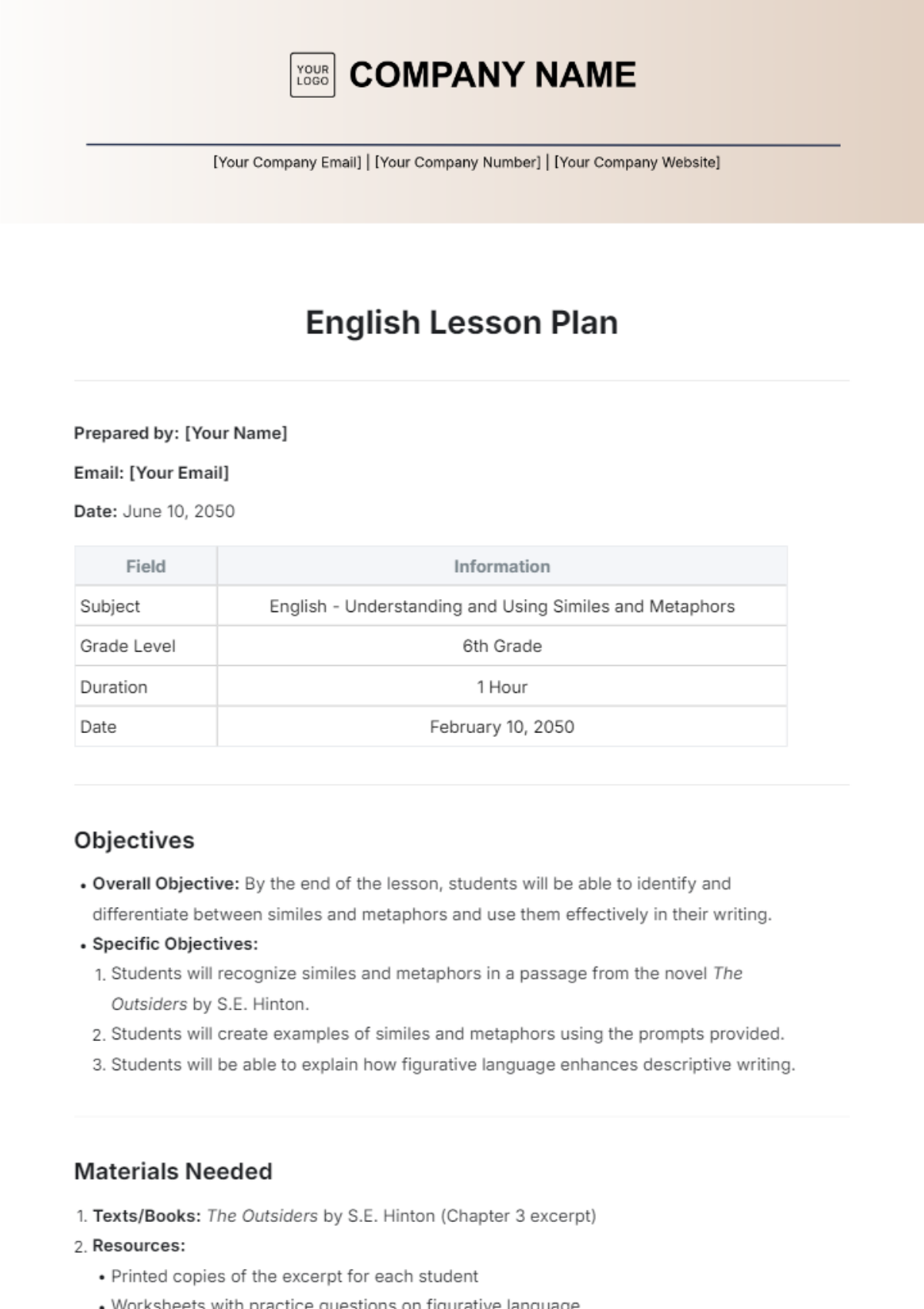 English Lesson Plan Template - Edit Online & Download