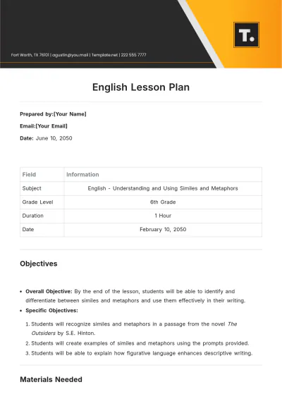 Free English Lesson Plan Template to Edit Online