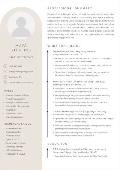 Free Graphic Designer Fresher ATS Resume Template, AI Resume Builder
