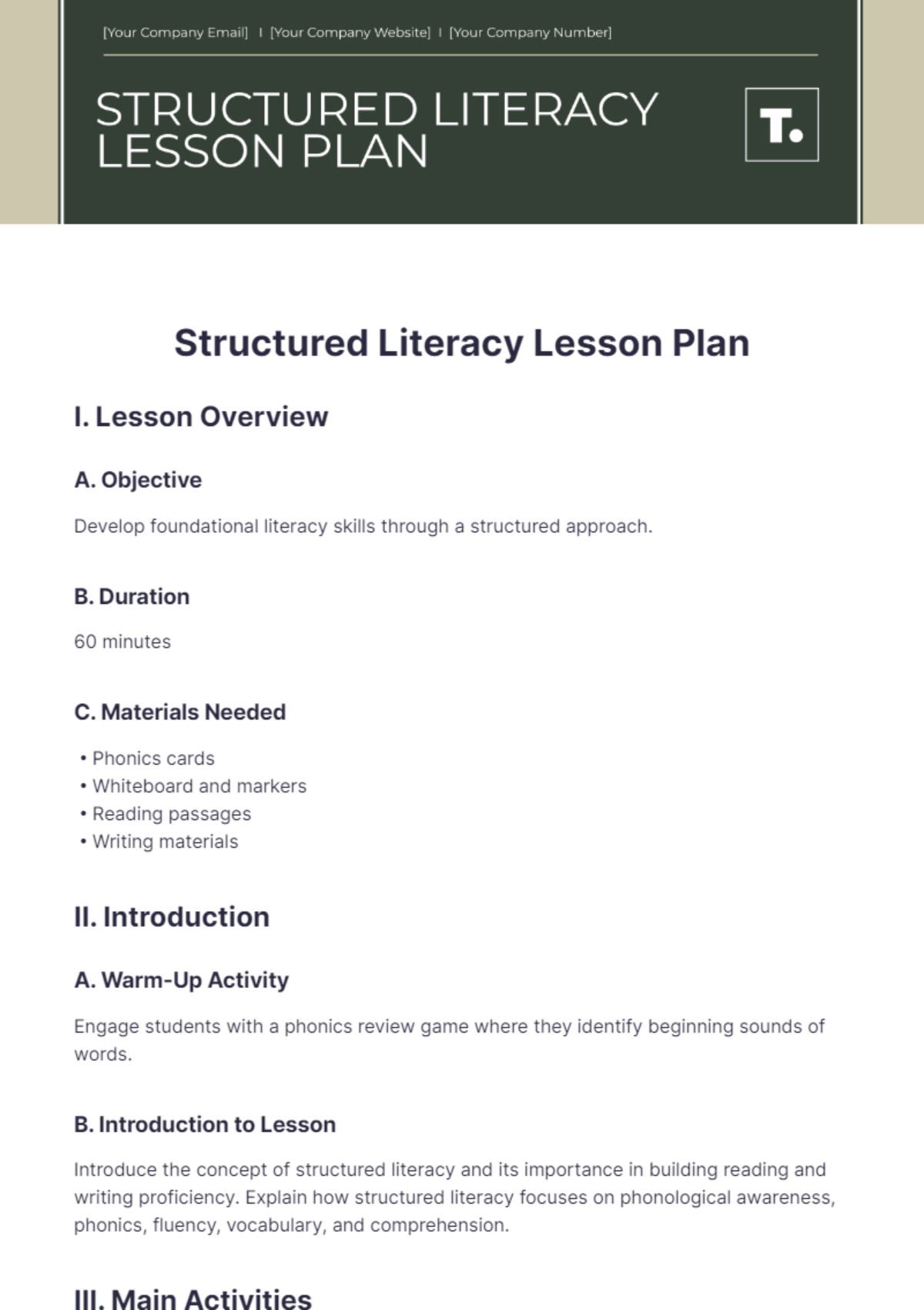 Structured Literacy Lesson Plan Template - Edit Online & Download