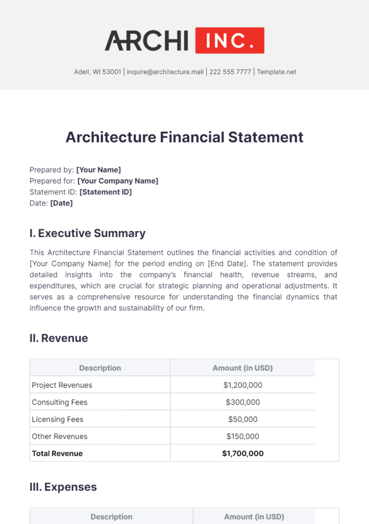 Architecture Financial Statement Template - Edit Online & Download