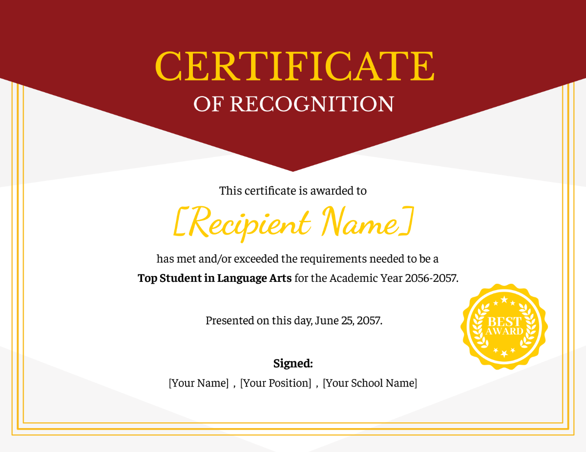 Language Arts Achievement Certificate