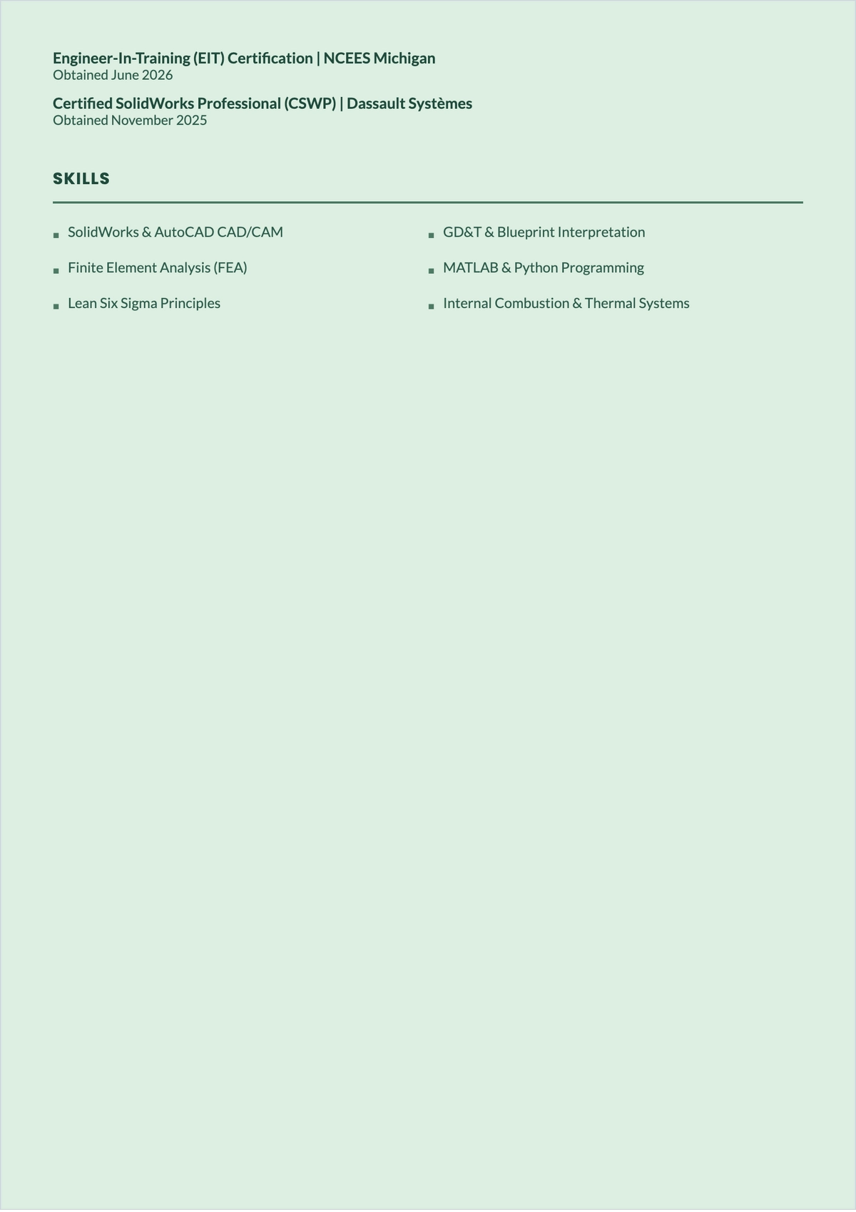 Free Sample Mechanical Engineer ATS Resume for Freshers Template