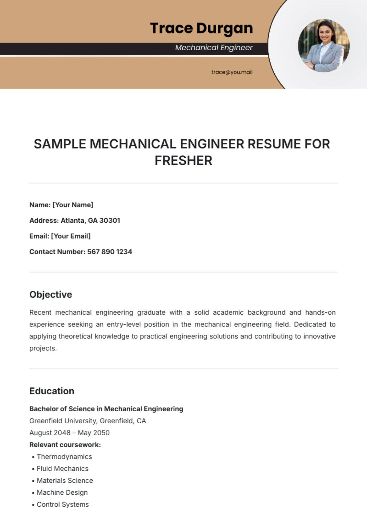 Sample Mechanical Engineer Resume for Freshers Template - Edit Online & Download