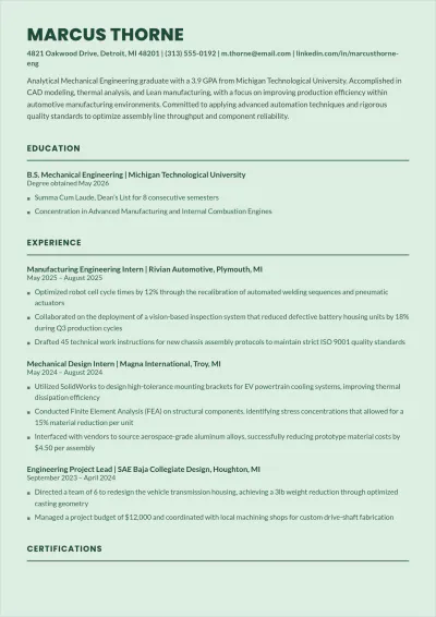 Free Sample Mechanical Engineer ATS Resume for Freshers Template