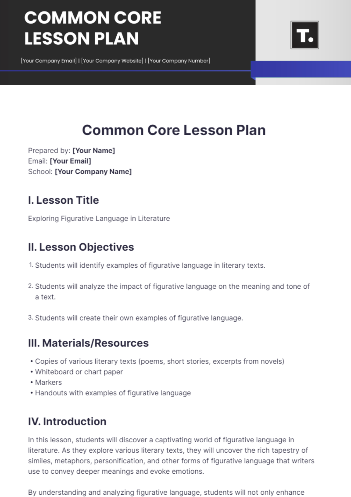 Common Core Lesson Plan Template - Edit Online & Download