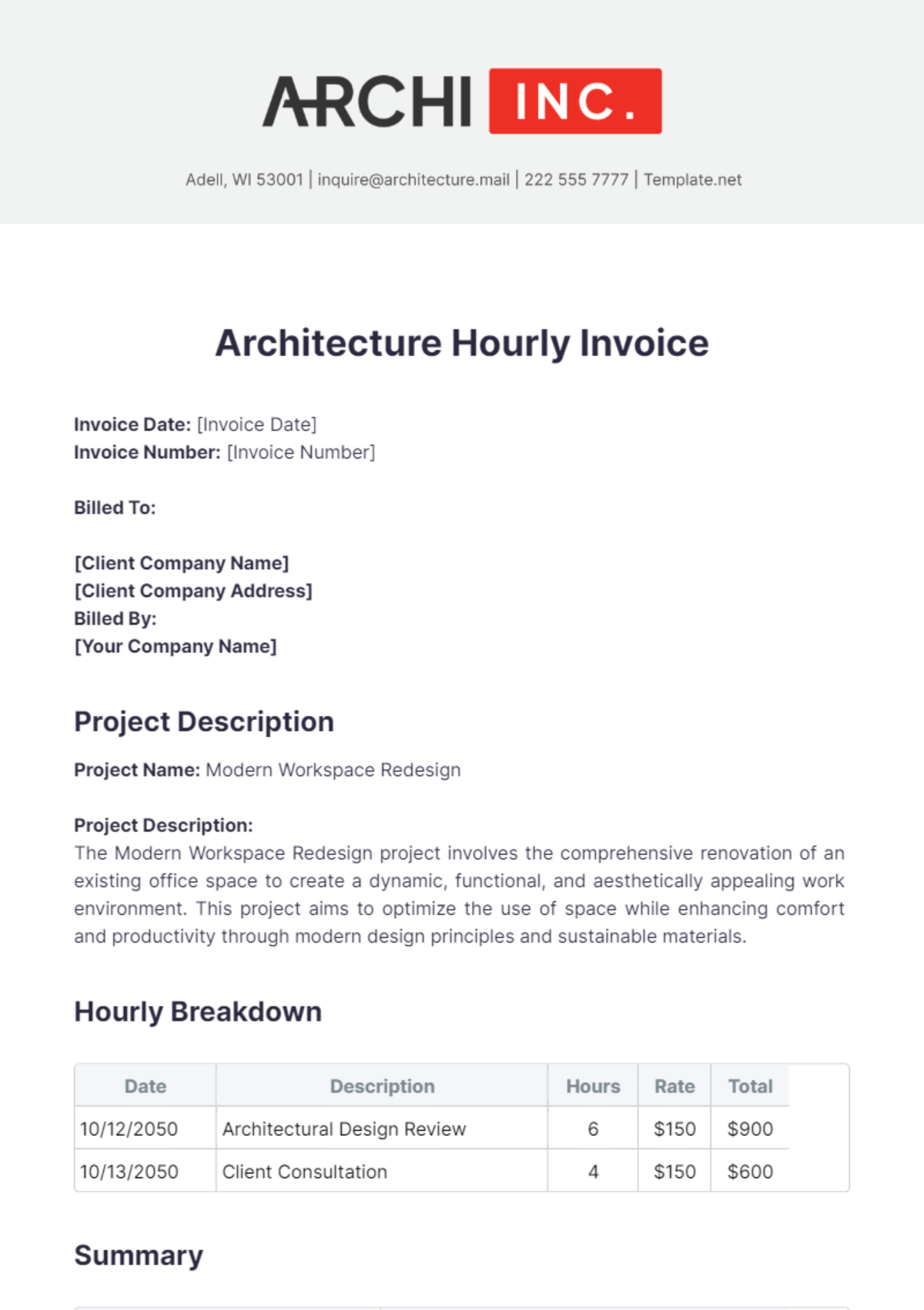 Architecture Hourly Invoice Template - Edit Online & Download