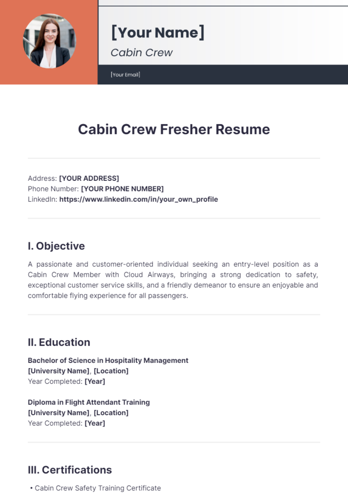 Free Cabin Crew Fresher Resume Template to Edit Online