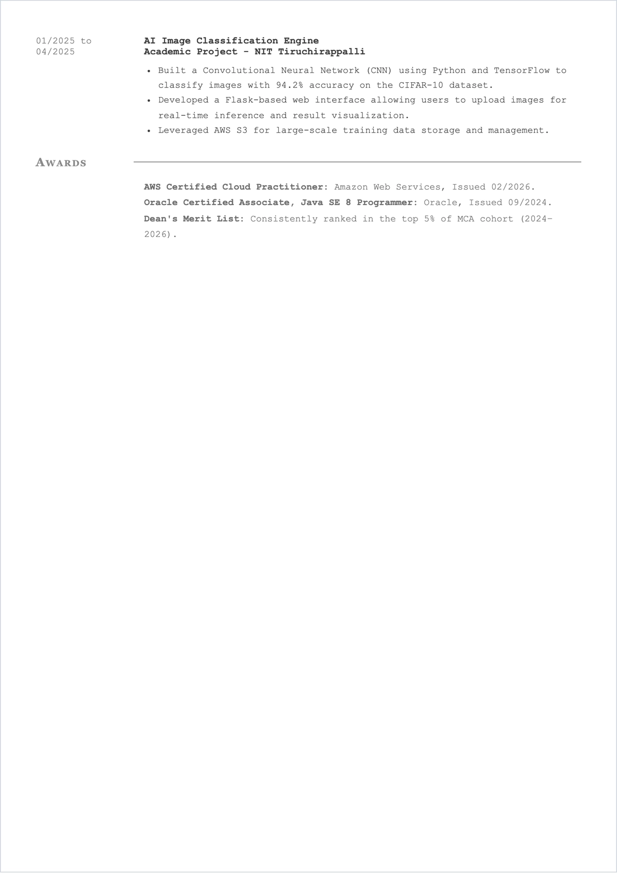 Free MCA Fresher ATS Resume Template, AI Resume Builder