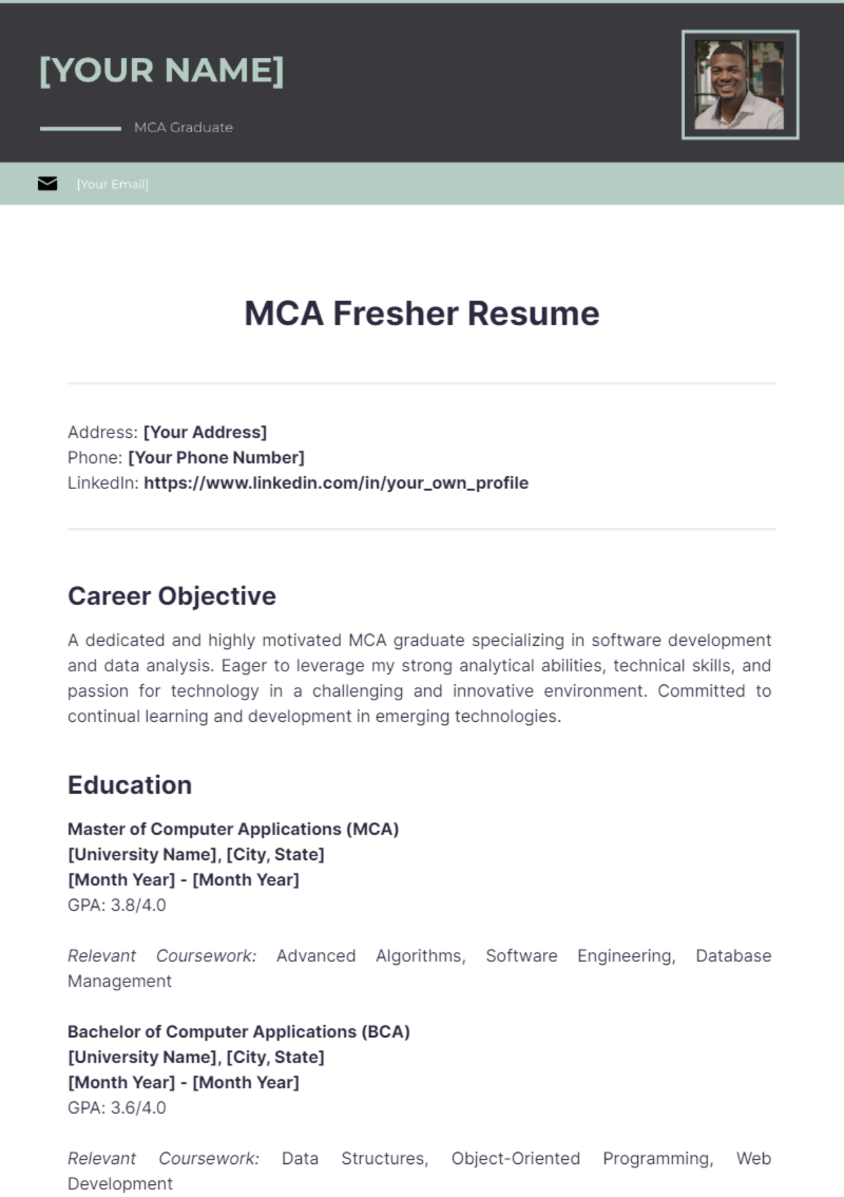 MCA Fresher Resume