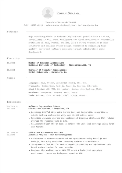Free MCA Fresher ATS Resume Template, AI Resume Builder