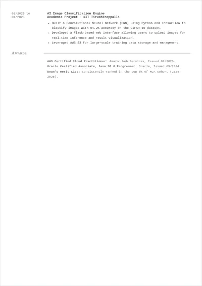 Free MCA Fresher ATS Resume Template, AI Resume Builder