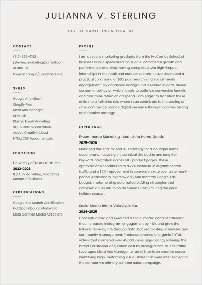 Free Digital Marketing Fresher ATS Resume Template, AI Resume Builder